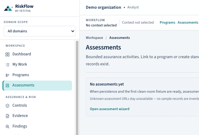 RiskFlow assessments workspace showing context ribbon under the header