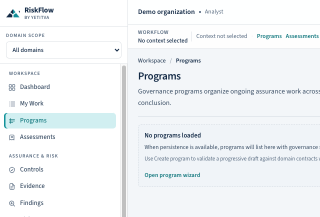 RiskFlow programs workspace with context ribbon